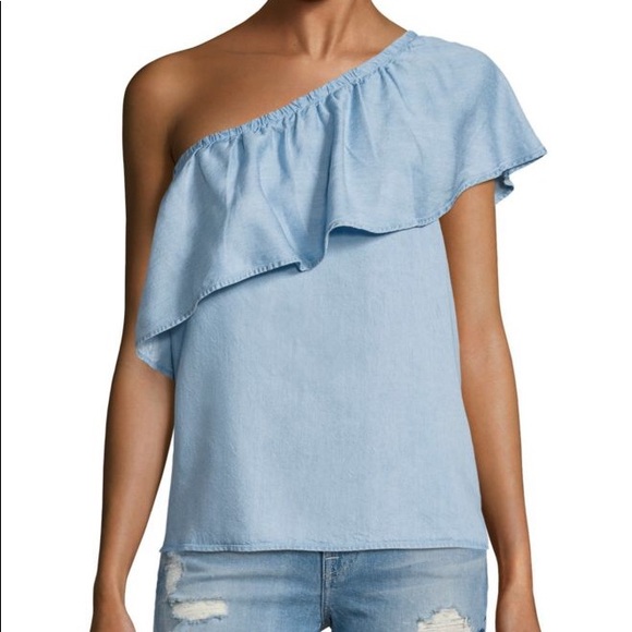 7 For All Mankind Tops - 7 For All Mankind One Shoulder Ruffle Chambray Top